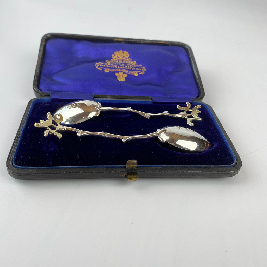 A Pair of Late Victorian Silver Teaspoons with Mistletoe Finials John Millward Banks 1897-Antique Silver > Spoons-19th Century Victorian-Lowfields Barn Antiques