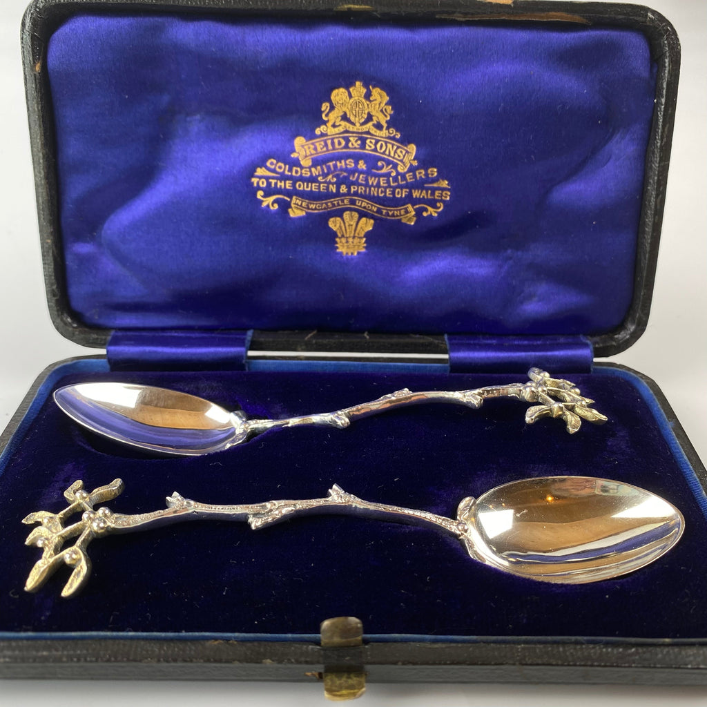 A Pair of Late Victorian Silver Teaspoons with Mistletoe Finials John Millward Banks 1897-Antique Silver > Spoons-19th Century Victorian-Lowfields Barn Antiques