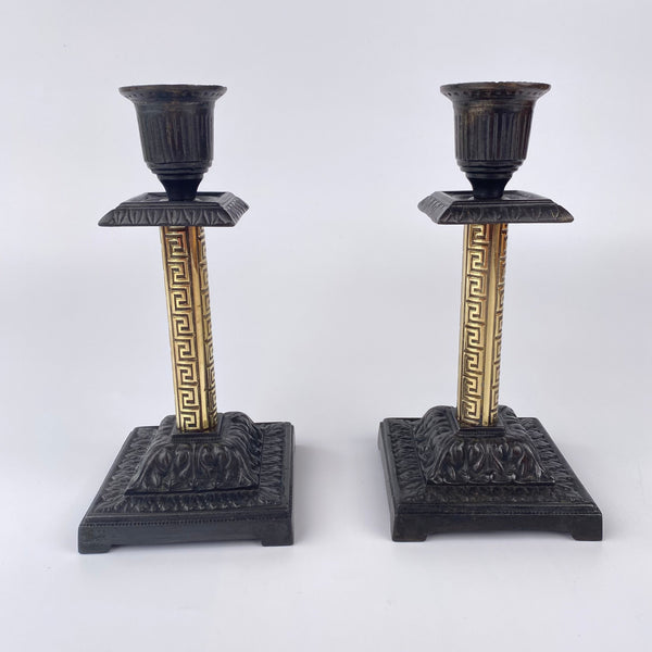 A Pair of Victorian, Grecian Revival, Asthetic Period Brass and Cast Iron Candlesticks C1886-1887-Antique Decorative-Late 19th Century-Lowfields Barn Antiques