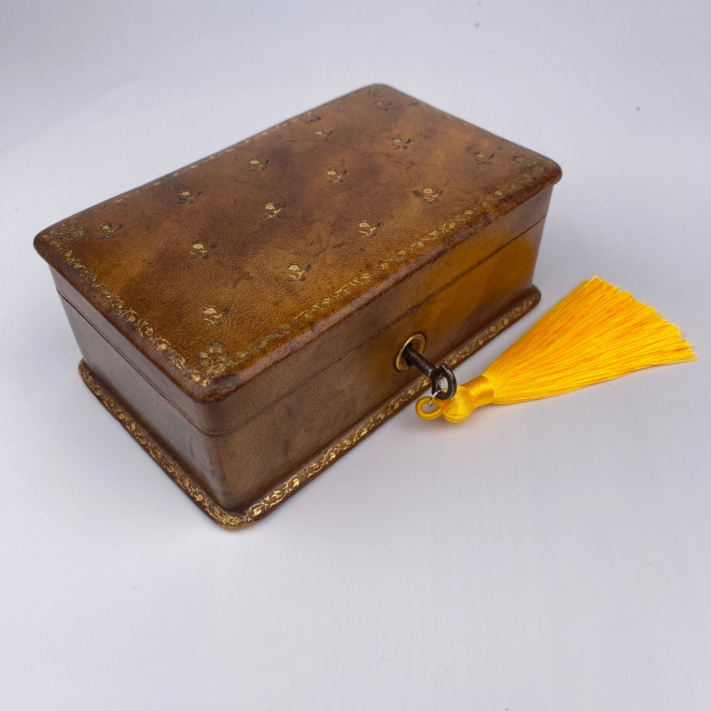 Antique Tooled Leather Jewellery Box with Key-Antique Jewellery Box-Late 19th Early 20th Century-Lowfields Barn Antiques