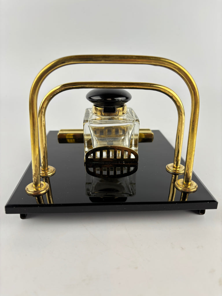 Art Deco Black Glass and Brass Desk Stand-Antique Desk Stand Inkwell-Art Deco Period-Lowfields Barn Antiques