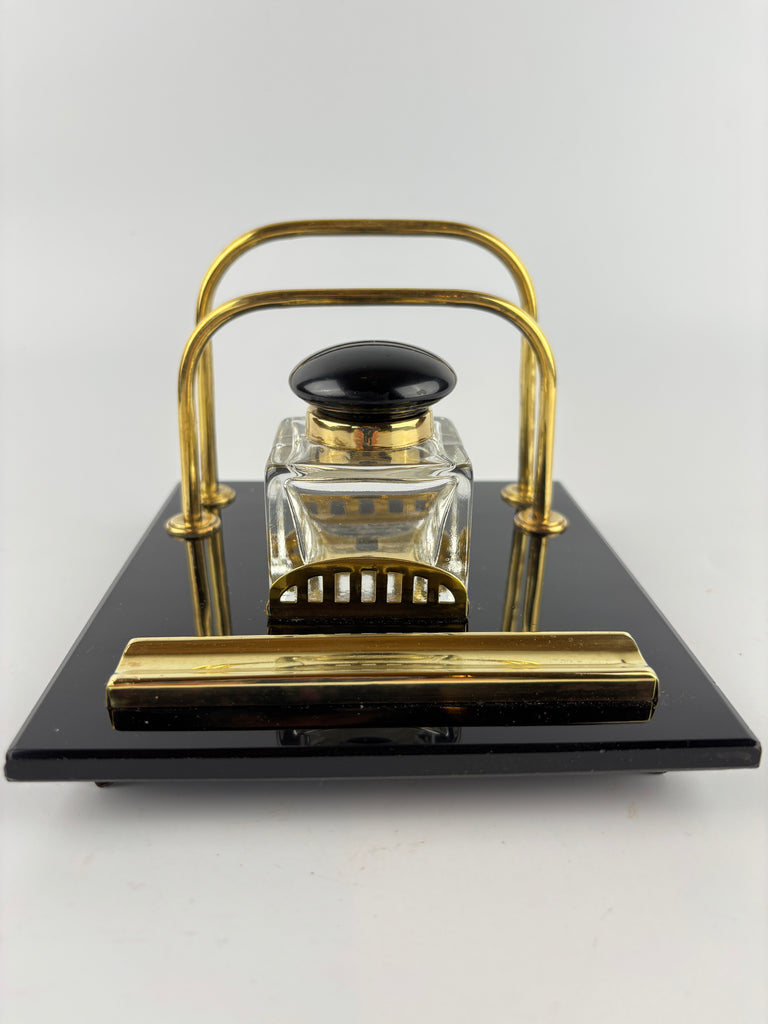 Art Deco Black Glass and Brass Desk Stand-Antique Desk Stand Inkwell-Art Deco Period-Lowfields Barn Antiques