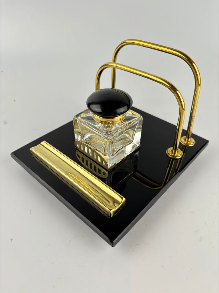 Art Deco Black Glass and Brass Desk Stand-Antique Desk Stand Inkwell-Art Deco Period-Lowfields Barn Antiques