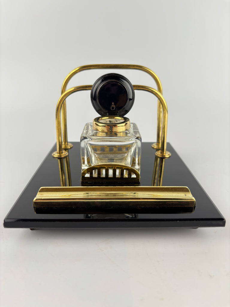 Art Deco Black Glass and Brass Desk Stand-Antique Desk Stand Inkwell-Art Deco Period-Lowfields Barn Antiques
