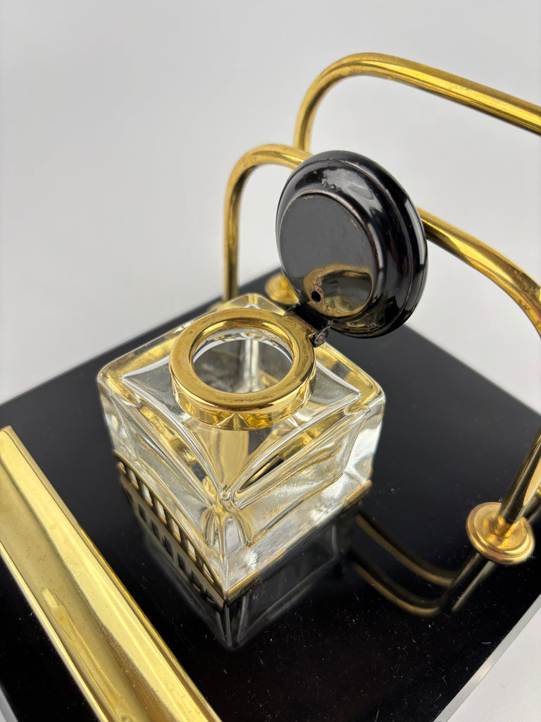 Art Deco Black Glass and Brass Desk Stand-Antique Desk Stand Inkwell-Art Deco Period-Lowfields Barn Antiques