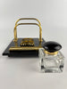Art Deco Black Glass and Brass Desk Stand-Antique Desk Stand Inkwell-Art Deco Period-Lowfields Barn Antiques