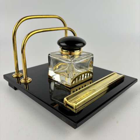 Art Deco Black Glass and Brass Desk Stand-Antique Desk Stand Inkwell-Art Deco Period-Lowfields Barn Antiques