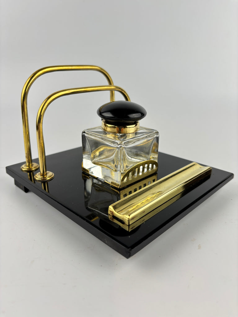 Art Deco Black Glass and Brass Desk Stand-Antique Desk Stand Inkwell-Art Deco Period-Lowfields Barn Antiques