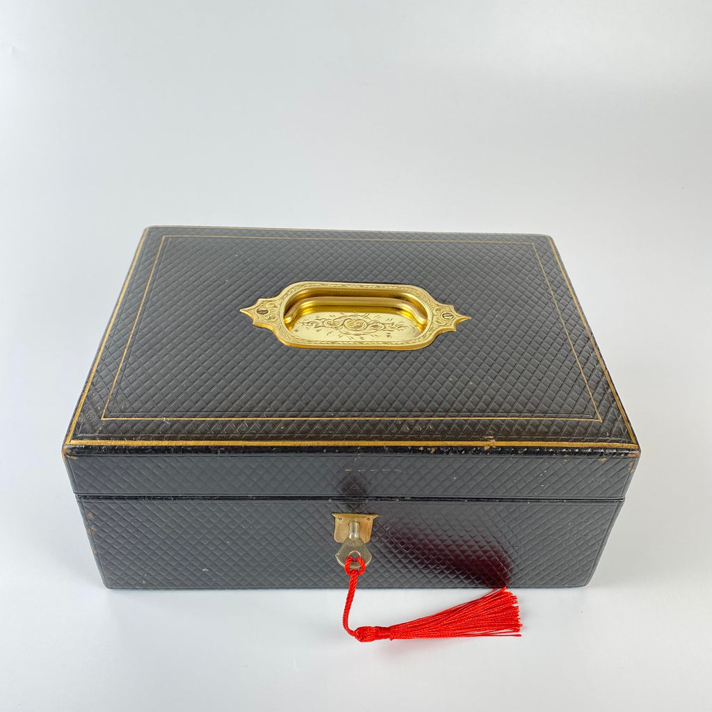 Beautiful Antique Jewellery Box Crosshatched Leather Original Key-1920 - 1930-Lowfields Barn Antiques