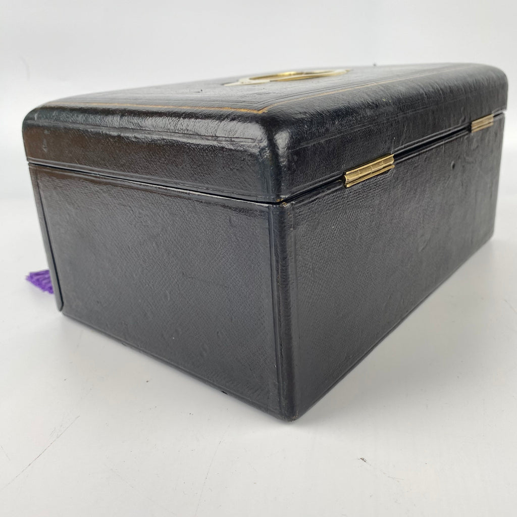 Black Leather Fall Front Victorian Writers Box Presented in 1878-Antique Victorian Writing Box-19th Century Victorian-Lowfields Barn Antiques