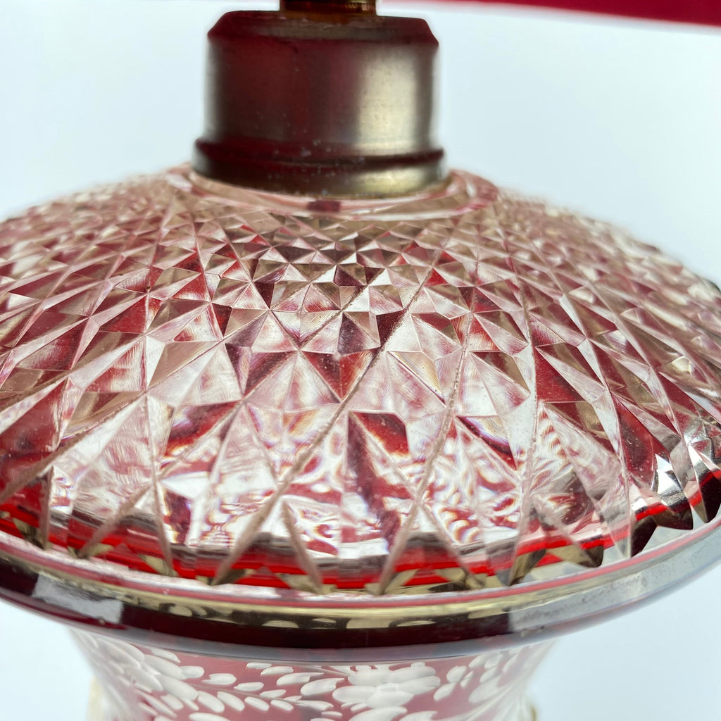 Bohemian Crystal Table Lamp with Etched Cranberry Overlay-Antique Lighting > Table Lamps-20th Century-Lowfields Barn Antiques