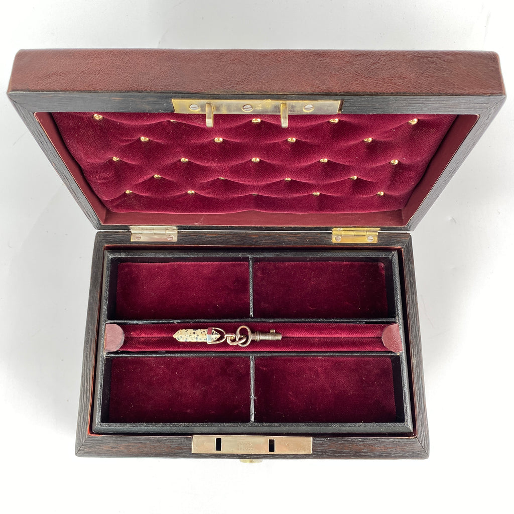 Classic Antique Leather Jewellery Box - Bramah Lock and Original Key C1880-1920-Antique Jewellery Box-Late 19th Early 20th Century-Lowfields Barn Antiques