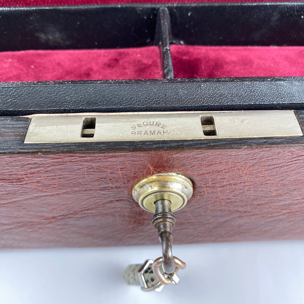 Classic Antique Leather Jewellery Box - Bramah Lock and Original Key C1880-1920-Antique Jewellery Box-Late 19th Early 20th Century-Lowfields Barn Antiques