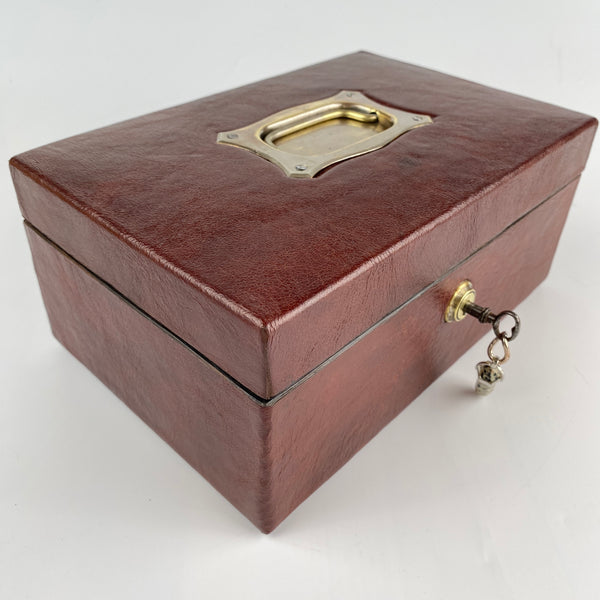 Classic Antique Leather Jewellery Box - Bramah Lock and Original Key C1880-1920-Antique Jewellery Box-Late 19th Early 20th Century-Lowfields Barn Antiques