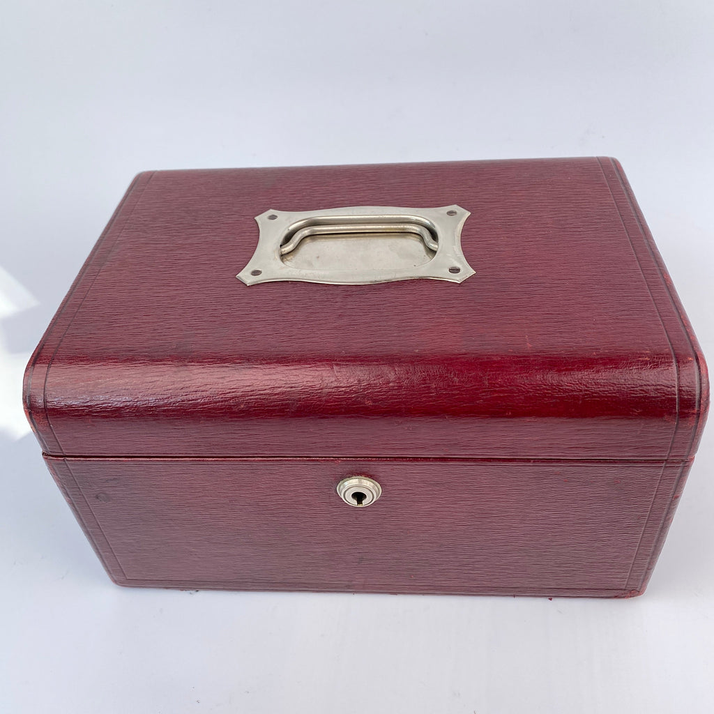 Classic Cranberry Leather Jewellery Box - Bramah Lock and Key-Antique Jewellery Box-Art Nouveau-Lowfields Barn Antiques