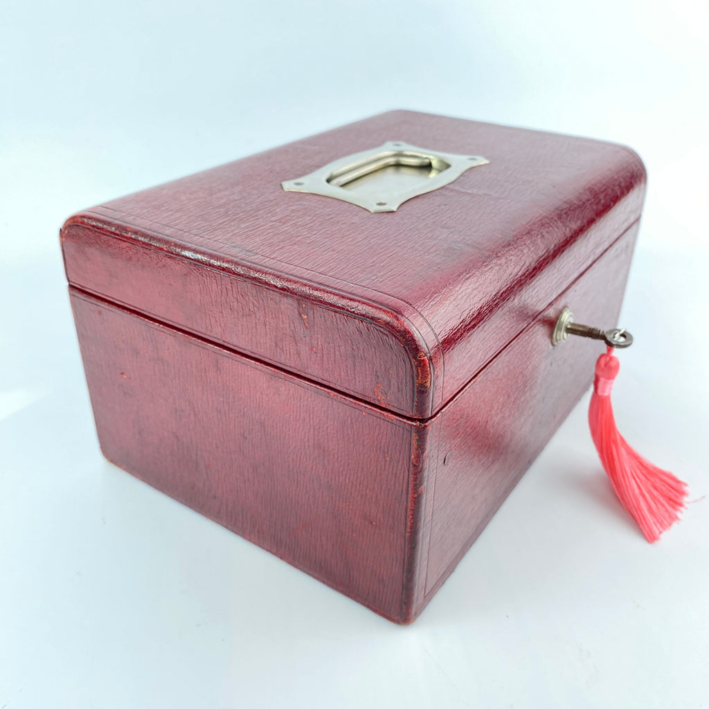 Classic Cranberry Leather Jewellery Box - Bramah Lock and Key-Antique Jewellery Box-Art Nouveau-Lowfields Barn Antiques