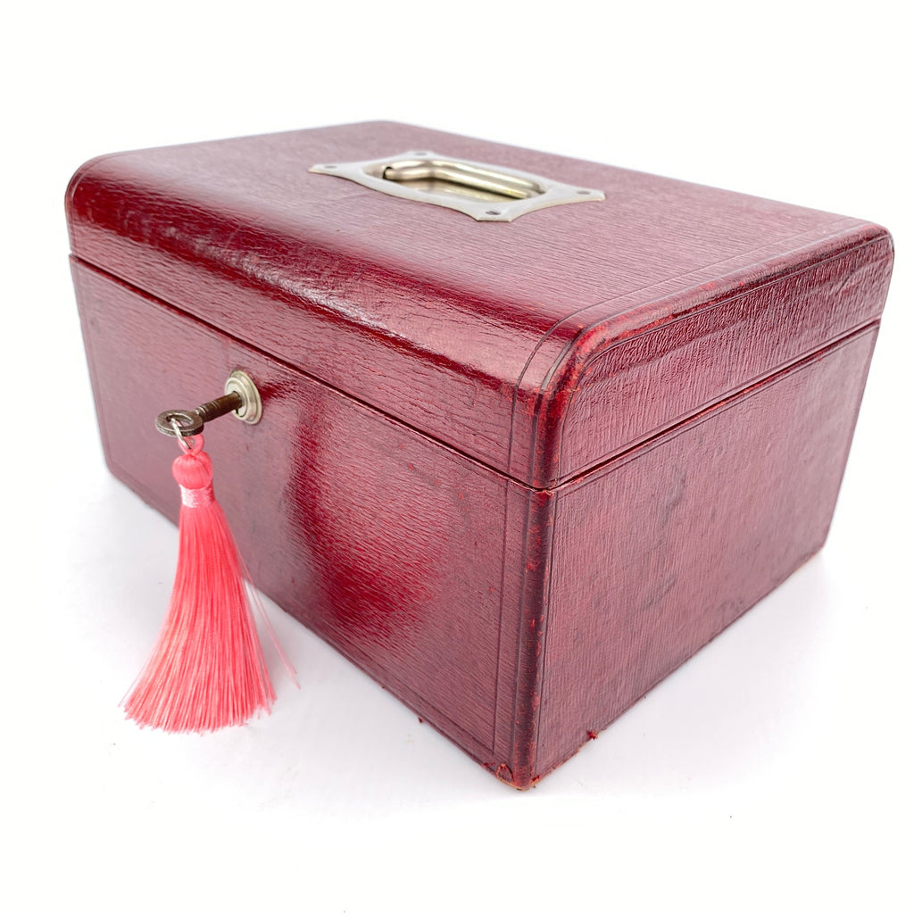 Classic Cranberry Leather Jewellery Box - Bramah Lock and Key-Antique Jewellery Box-Art Nouveau-Lowfields Barn Antiques