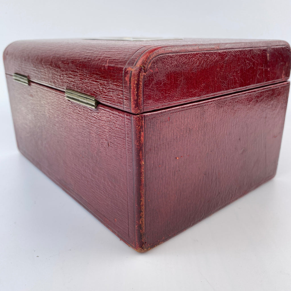 Classic Cranberry Leather Jewellery Box - Bramah Lock and Key-Antique Jewellery Box-Art Nouveau-Lowfields Barn Antiques