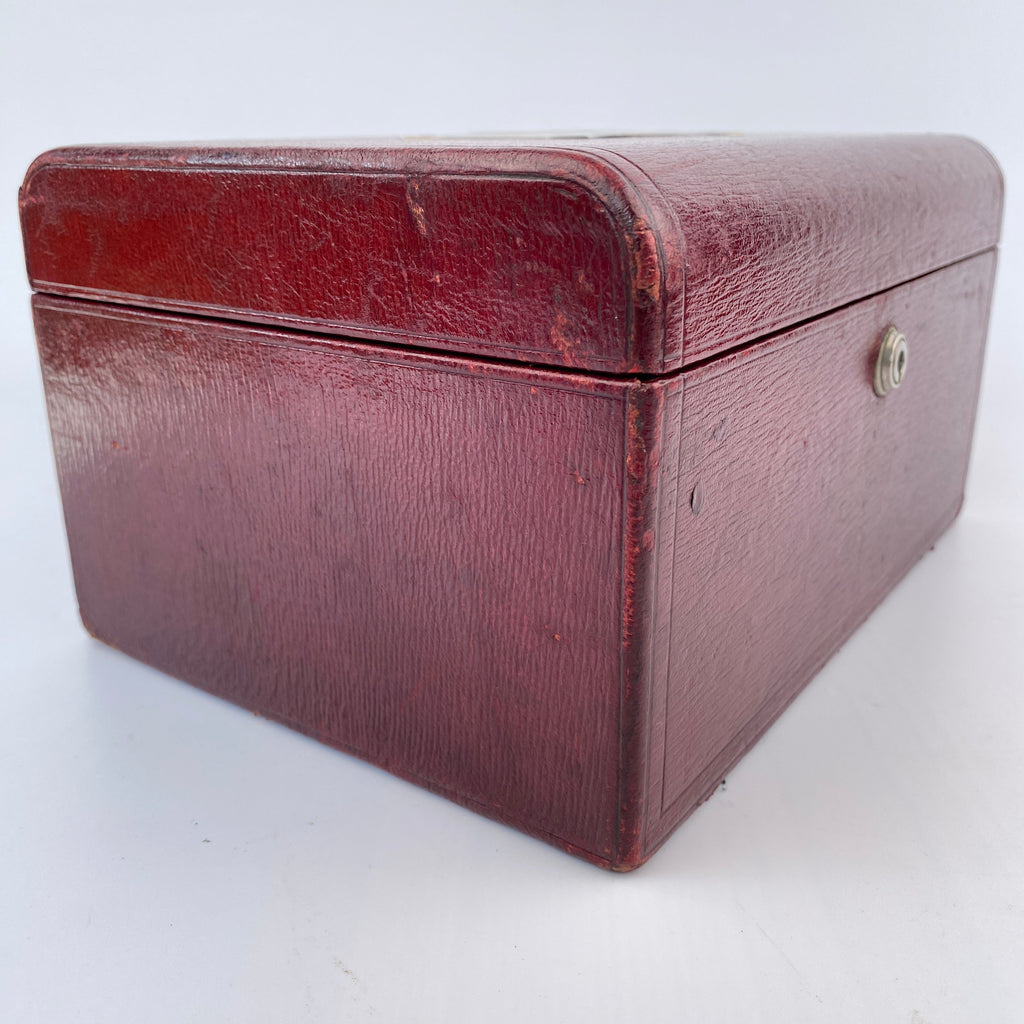 Classic Cranberry Leather Jewellery Box - Bramah Lock and Key-Antique Jewellery Box-Art Nouveau-Lowfields Barn Antiques