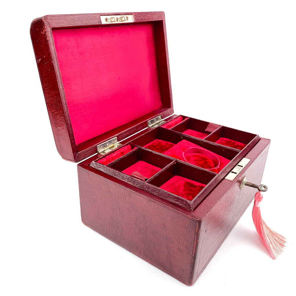 Classic Cranberry Leather Jewellery Box - Bramah Lock and Key-Antique Jewellery Box-Art Nouveau-Lowfields Barn Antiques