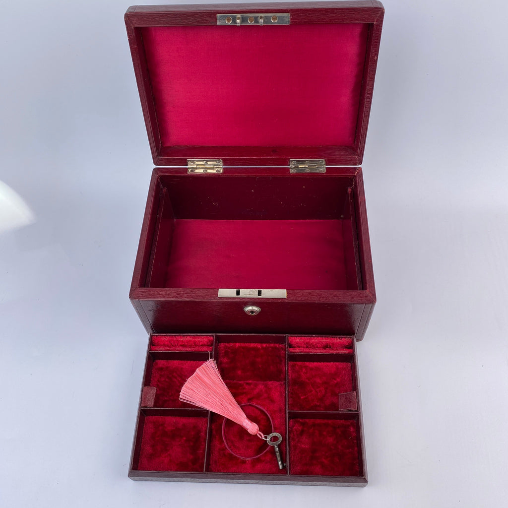 Classic Cranberry Leather Jewellery Box - Bramah Lock and Key-Antique Jewellery Box-Art Nouveau-Lowfields Barn Antiques