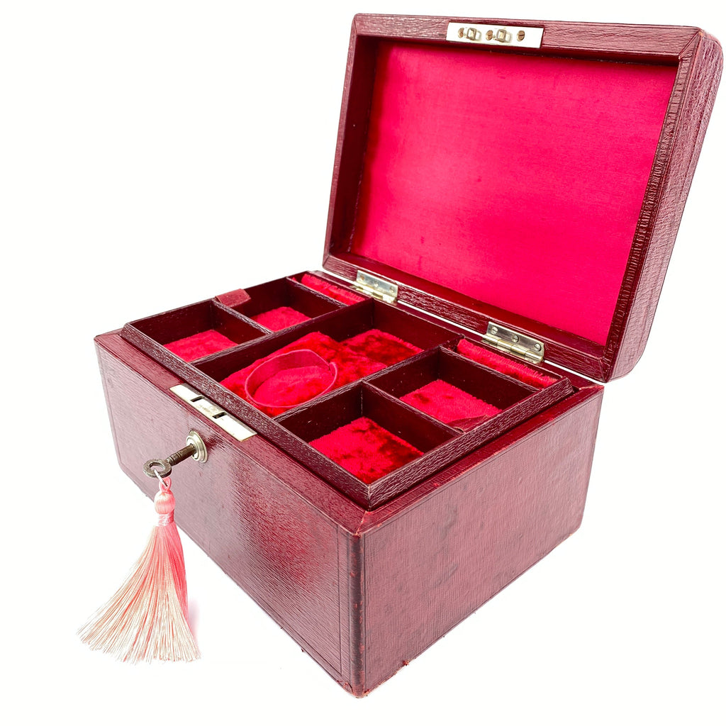 Classic Cranberry Leather Jewellery Box - Bramah Lock and Key-Antique Jewellery Box-Art Nouveau-Lowfields Barn Antiques