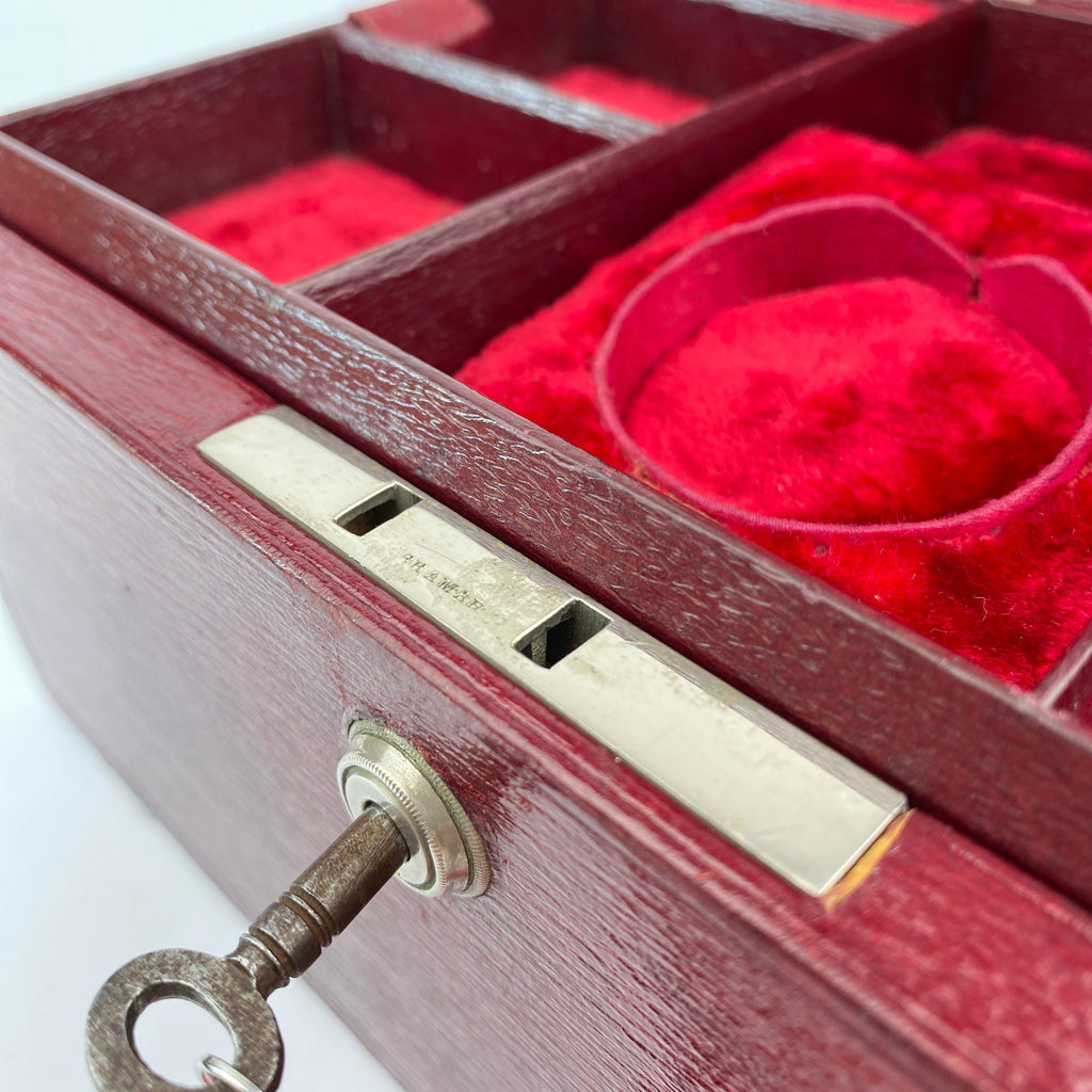 Classic Cranberry Leather Jewellery Box - Bramah Lock and Key-Antique Jewellery Box-Art Nouveau-Lowfields Barn Antiques