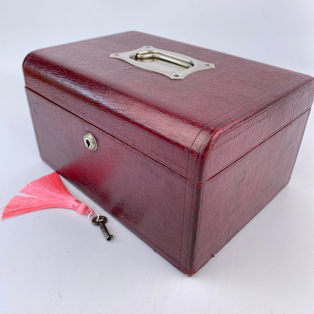 Classic Cranberry Leather Jewellery Box - Bramah Lock and Key-Antique Jewellery Box-Art Nouveau-Lowfields Barn Antiques