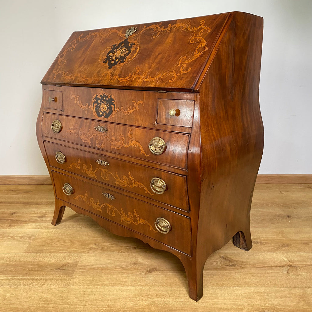 Dutch Bombe Marquetry Inlaid Bomb Bureau Late 18th Early 19th Century-Antique Furniture > Chest of Drawer-Late18th Early 19th Century-Lowfields Barn Antiques