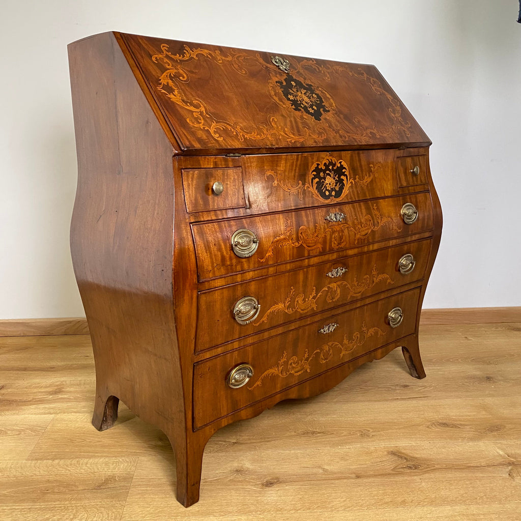 Dutch Bombe Marquetry Inlaid Bomb Bureau Late 18th Early 19th Century-Antique Furniture > Chest of Drawer-Late18th Early 19th Century-Lowfields Barn Antiques