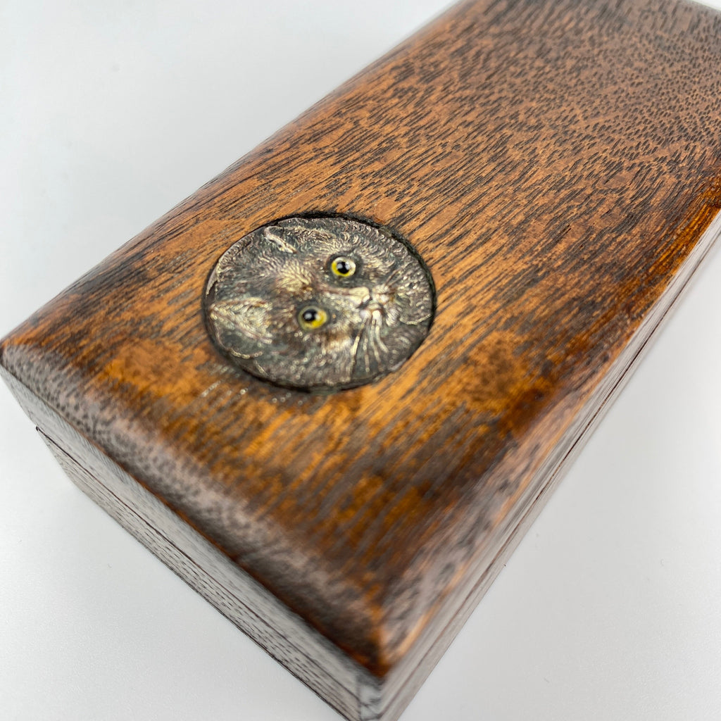 Edwardian Bronze Cat and Oak Trinket Box C1910-Antique Jewellery Box-Edwardian-Lowfields Barn Antiques