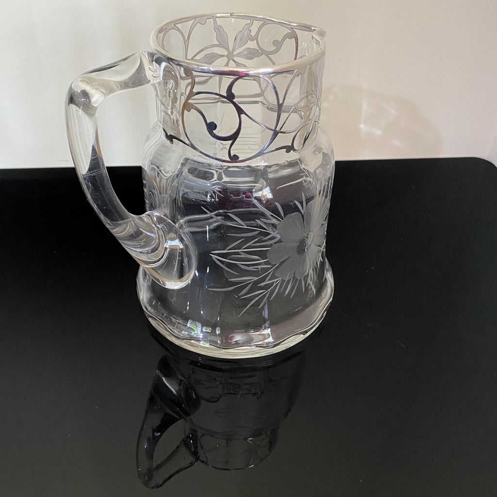 Excellent Quality Crystal Pitcher with Deep Silver Cutaway Collar-Antique Silver-Matthew & Co. Newark NJ-Lowfields Barn Antiques