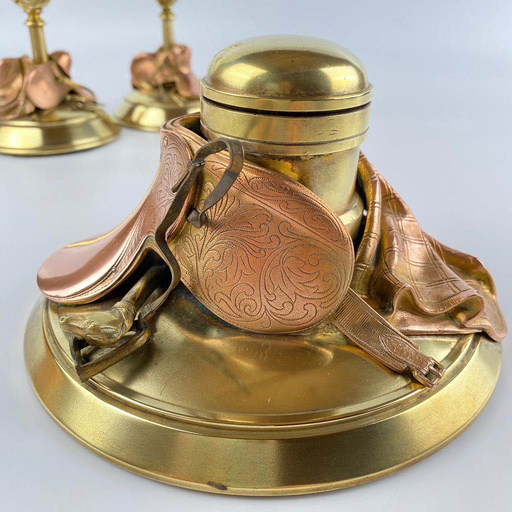 Exquisite Equestrian Inkwell and Candlestick Desk Set Circa 1880-1920-Antique Brass-Victorian or Edwardian-Lowfields Barn Antiques