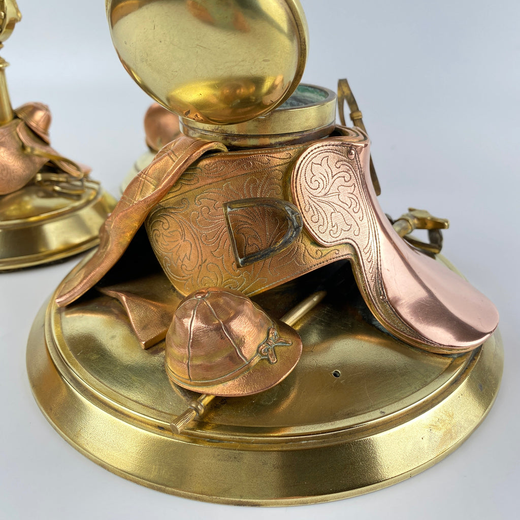 Exquisite Equestrian Inkwell and Candlestick Desk Set Circa 1880-1920-Antique Brass-Victorian or Edwardian-Lowfields Barn Antiques