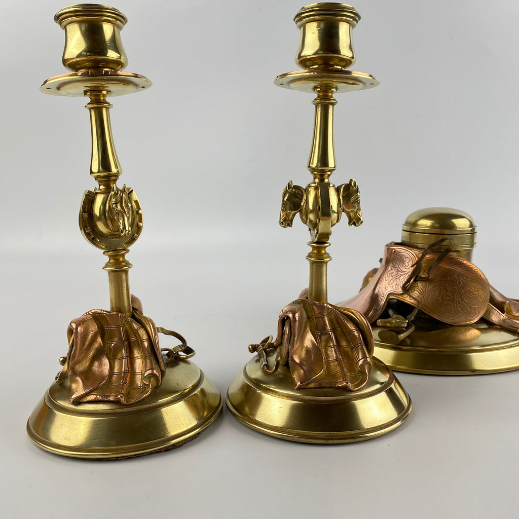 Exquisite Equestrian Inkwell and Candlestick Desk Set Circa 1880-1920-Antique Brass-Victorian or Edwardian-Lowfields Barn Antiques