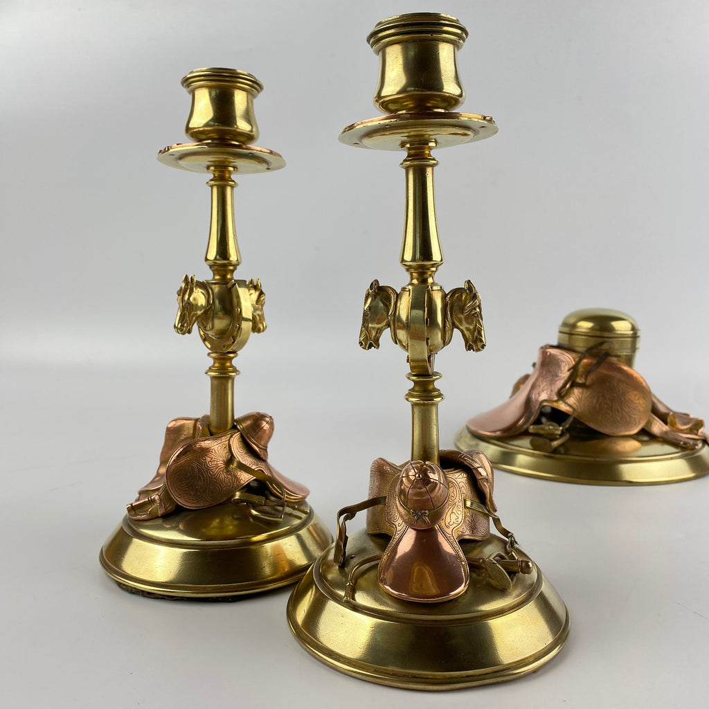 Exquisite Equestrian Inkwell and Candlestick Desk Set Circa 1880-1920-Antique Brass-Victorian or Edwardian-Lowfields Barn Antiques