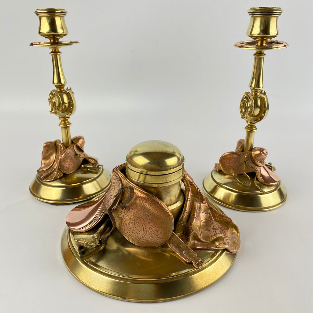 Exquisite Equestrian Inkwell and Candlestick Desk Set Circa 1880-1920-Antique Brass-Victorian or Edwardian-Lowfields Barn Antiques