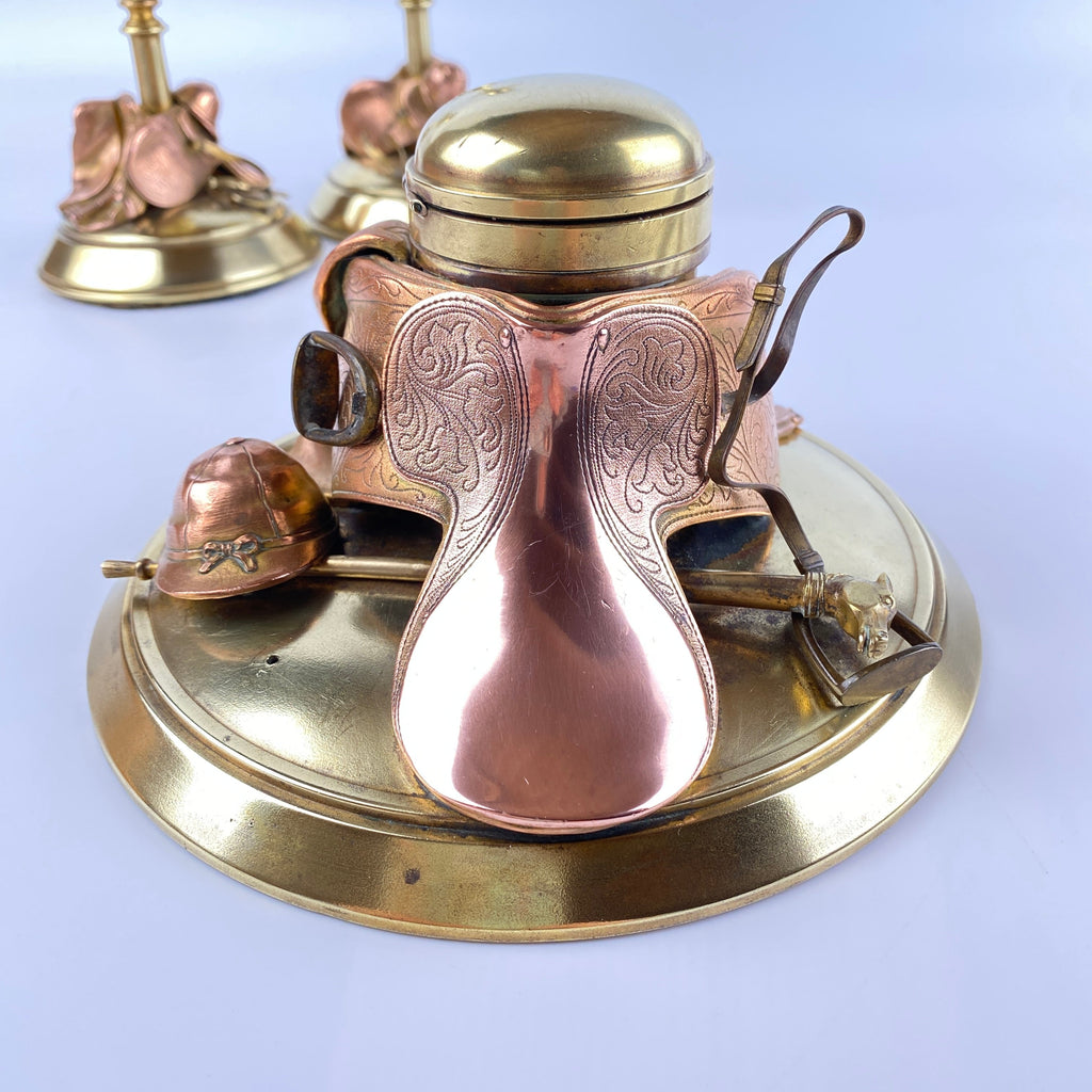 Exquisite Equestrian Inkwell and Candlestick Desk Set Circa 1880-1920-Antique Brass-Victorian or Edwardian-Lowfields Barn Antiques