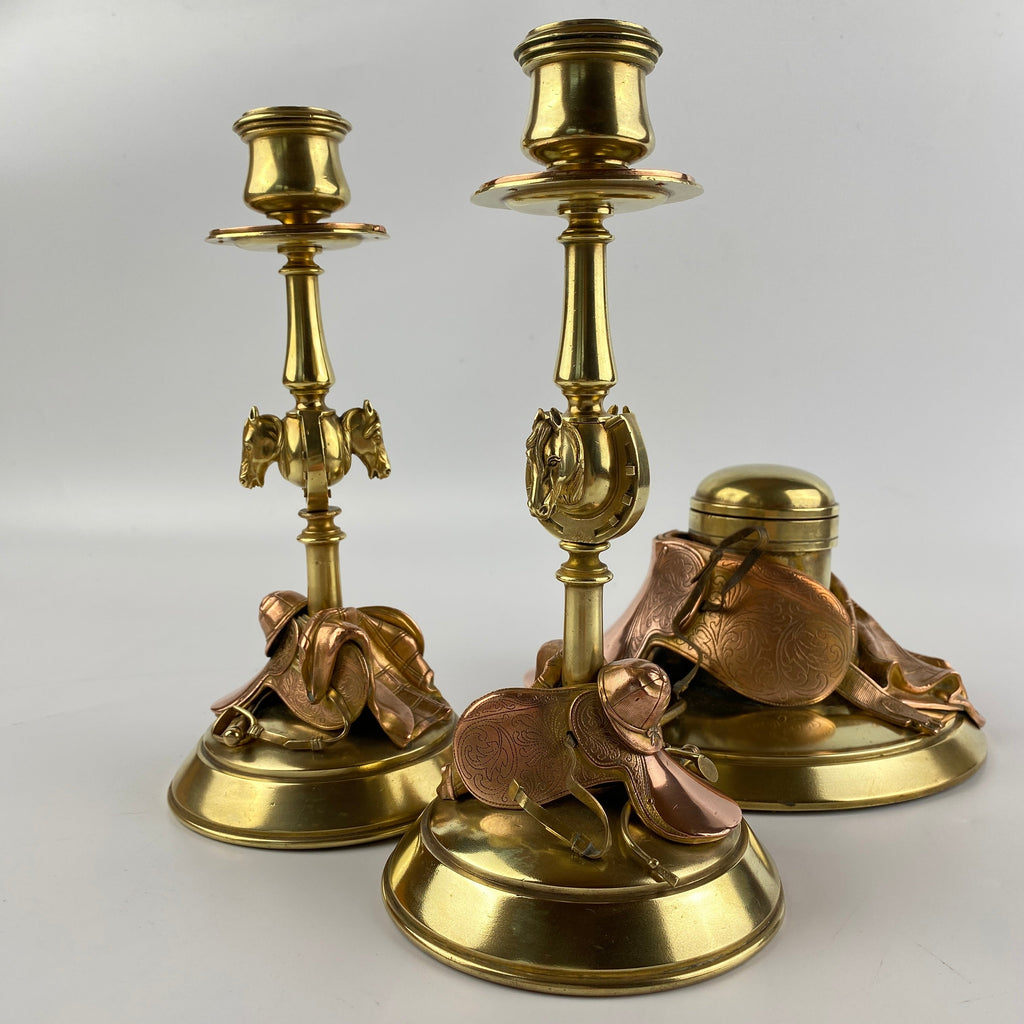 Exquisite Equestrian Inkwell and Candlestick Desk Set Circa 1880-1920-Antique Brass-Victorian or Edwardian-Lowfields Barn Antiques