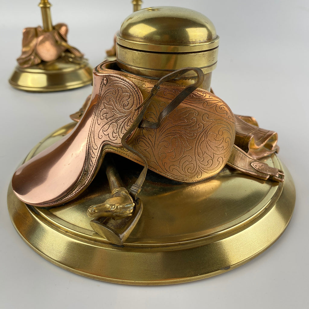 Exquisite Equestrian Inkwell and Candlestick Desk Set Circa 1880-1920-Antique Brass-Victorian or Edwardian-Lowfields Barn Antiques