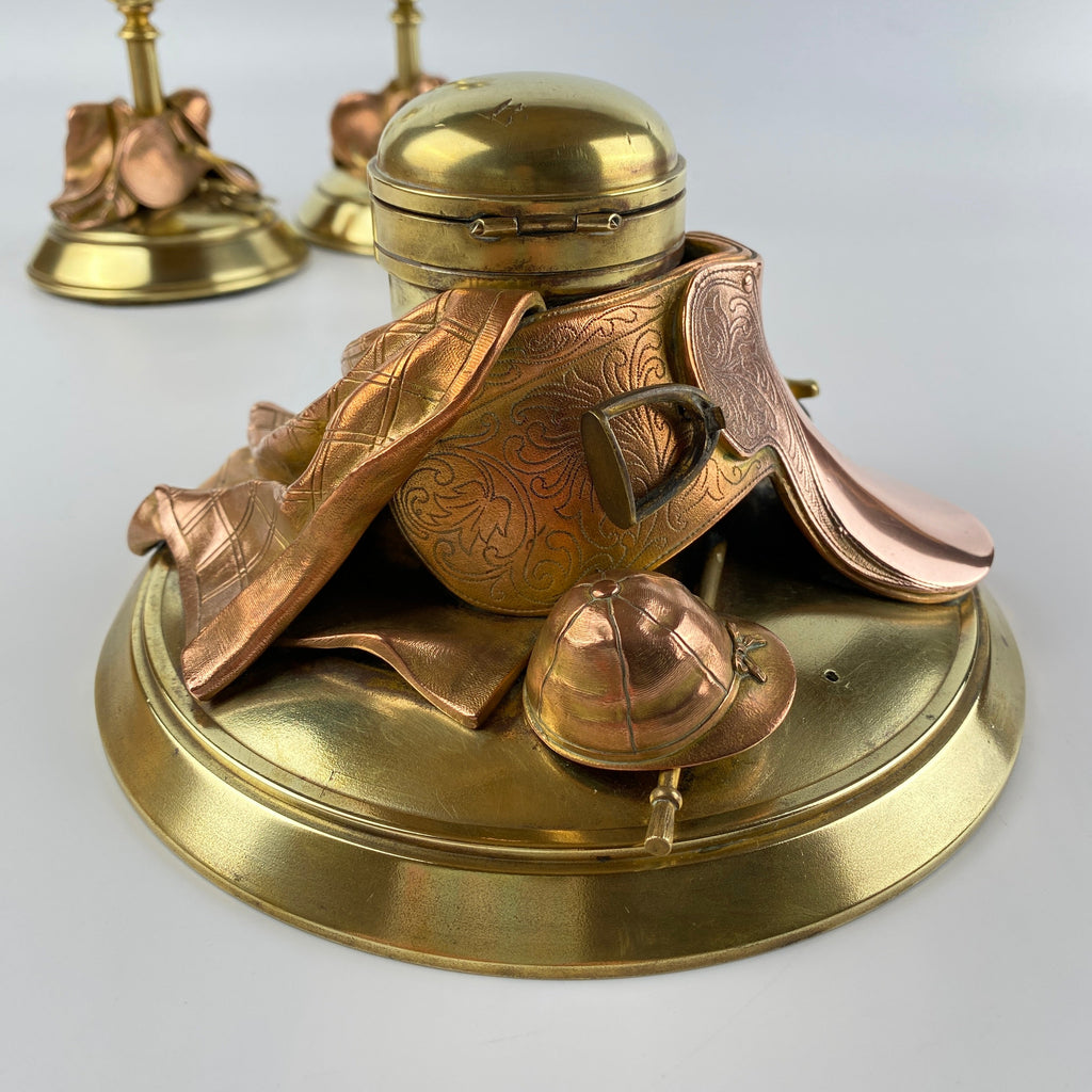 Exquisite Equestrian Inkwell and Candlestick Desk Set Circa 1880-1920-Antique Brass-Victorian or Edwardian-Lowfields Barn Antiques