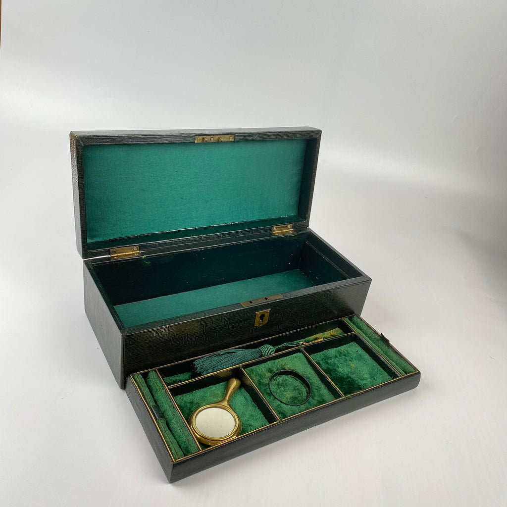 Green Leather Late Victorian Jewellery Box-19th Century Victorian-Lowfields Barn Antiques