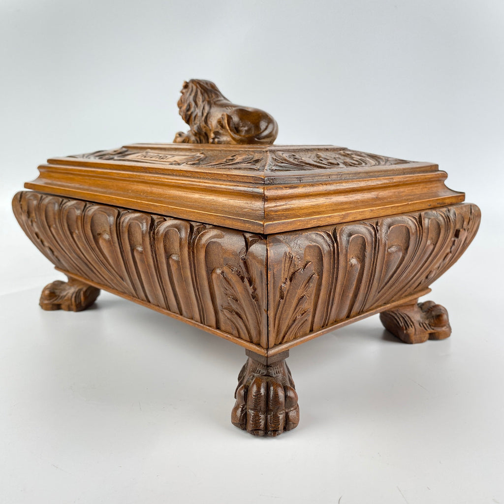 Hand Carved Oak Box with Lion Finial Circa 1900-1940-Antique Jewellery Box-Early 20th Century-Lowfields Barn Antiques