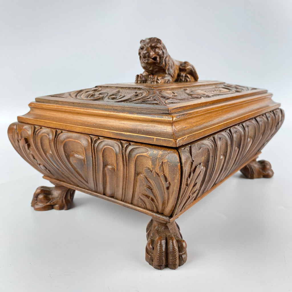 Hand Carved Oak Box with Lion Finial Circa 1900-1940-Antique Jewellery Box-Early 20th Century-Lowfields Barn Antiques