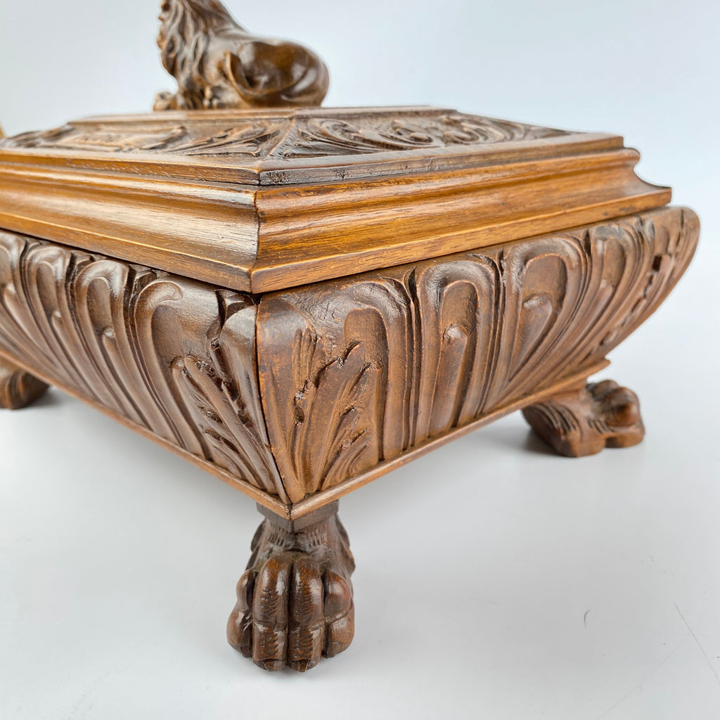 Hand Carved Oak Box with Lion Finial Circa 1900-1940-Antique Jewellery Box-Early 20th Century-Lowfields Barn Antiques