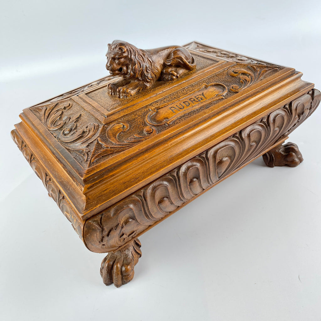 Hand Carved Oak Box with Lion Finial Circa 1900-1940-Antique Jewellery Box-Early 20th Century-Lowfields Barn Antiques