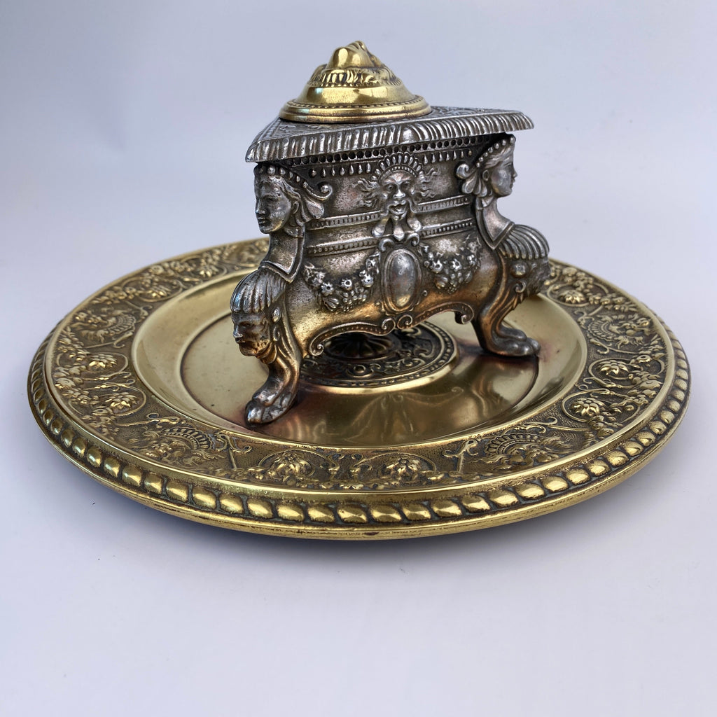 Italian Renaissance Style Pewter and Brass Inkwell-Antique Brass-19th Century Victorian-Lowfields Barn Antiques