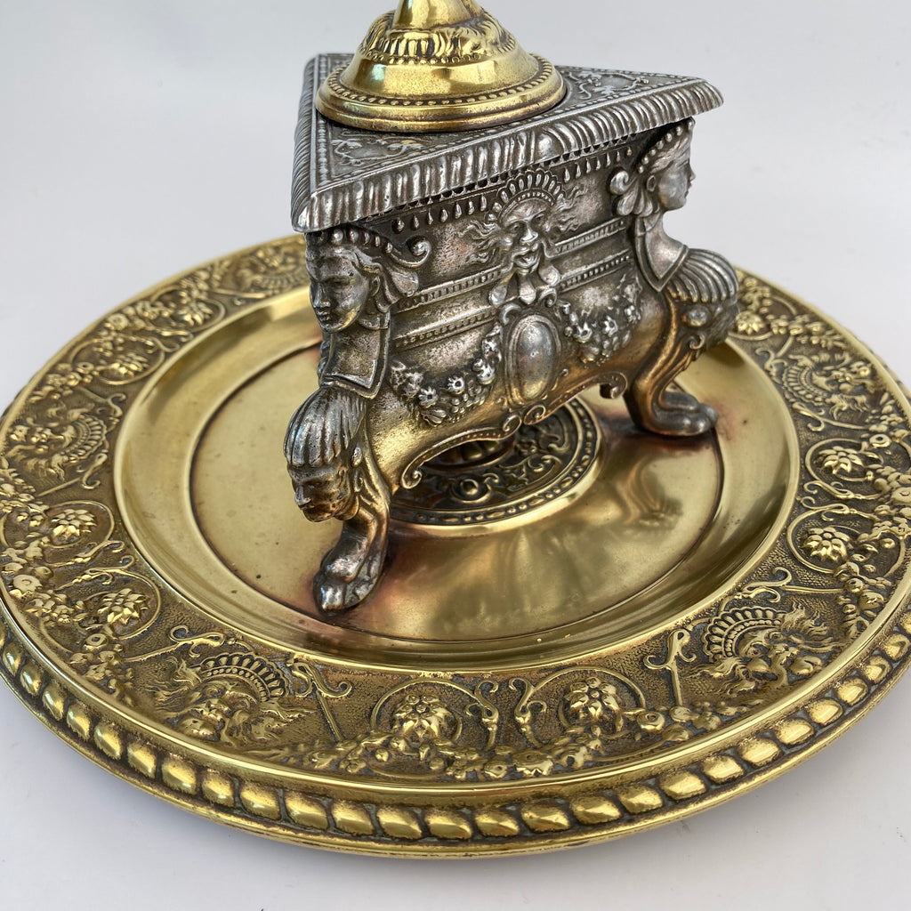 Italian Renaissance Style Pewter and Brass Inkwell-Antique Brass-19th Century Victorian-Lowfields Barn Antiques