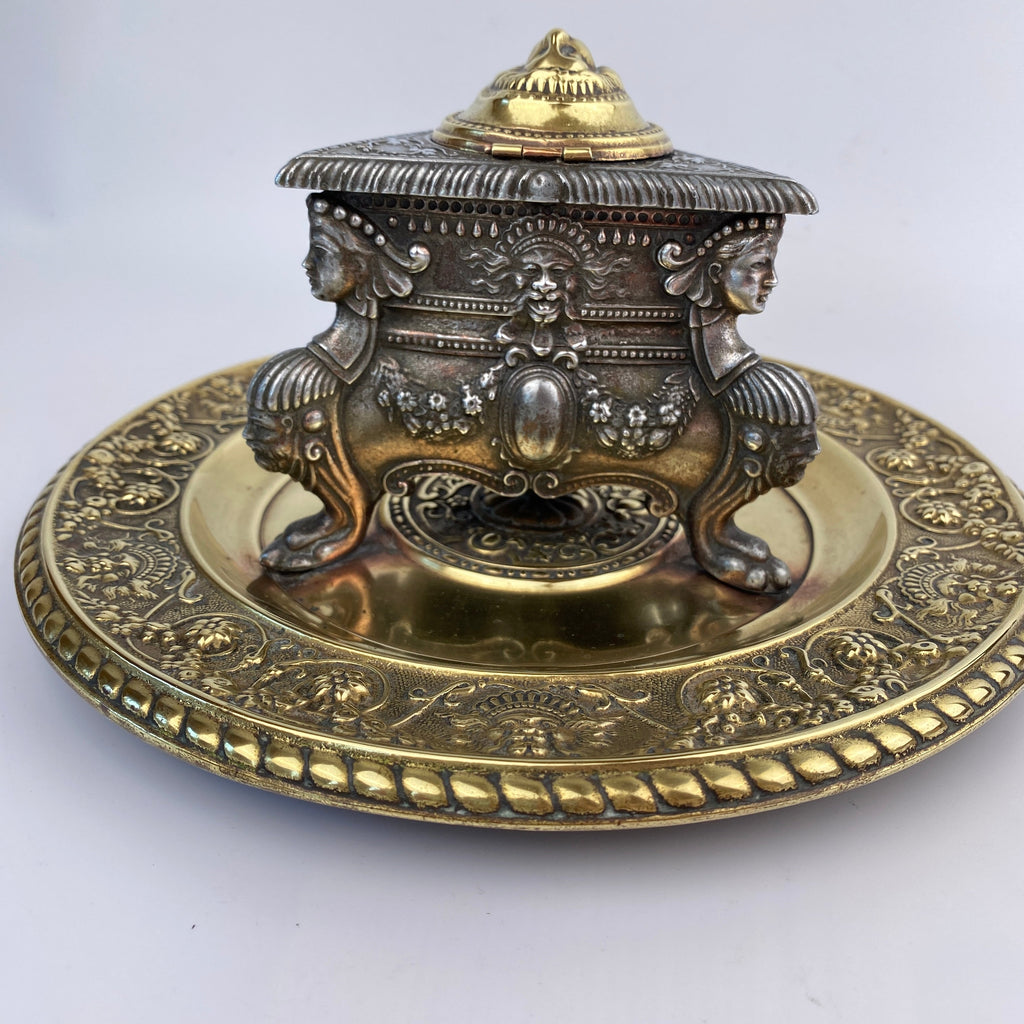 Italian Renaissance Style Pewter and Brass Inkwell-Antique Brass-19th Century Victorian-Lowfields Barn Antiques