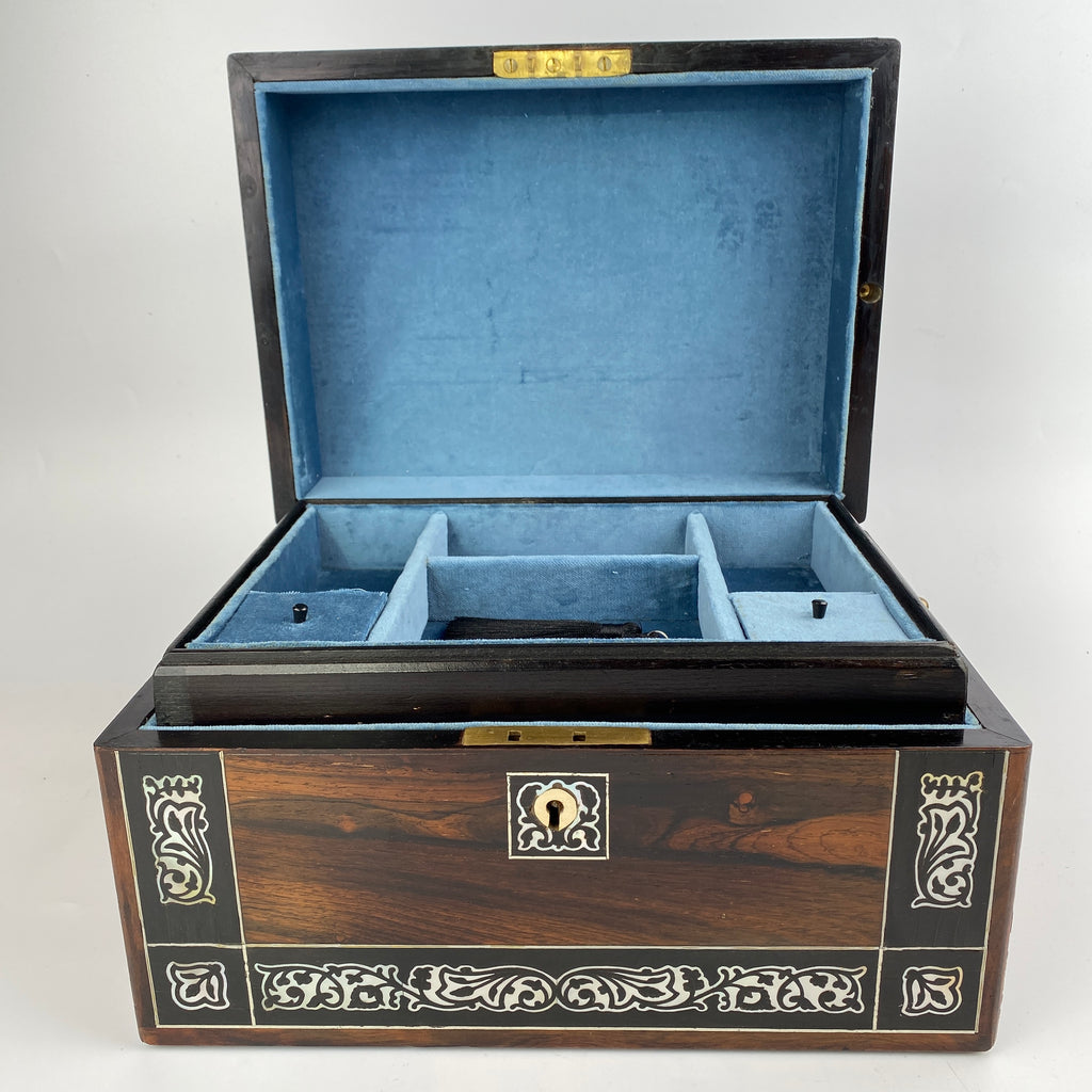 Large Victorian Rosewood Jewellery Box with Mother of Pearl Inlay, Working Lock and Key Circa 1880-1900-Antique Jewellery Box-Victorian-Lowfields Barn Antiques